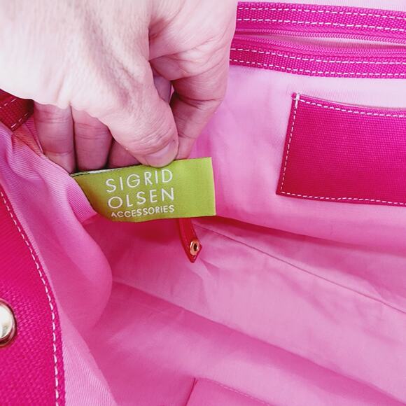 Sigrid Olsen Extra Large Pink & Cream Striped Fabric Tote Bag Shoulder Purse - Picture 12 of 14